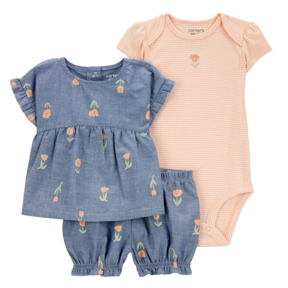 Carter's Child of Mine Baby Girls' Chambray Tulip Diaper Cover 3 Pcs Set Newborn